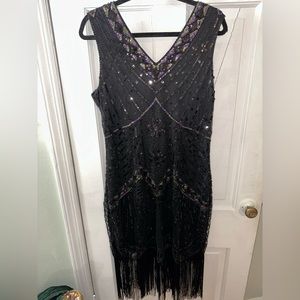 1920s Long Fringe Flapper Art Deco Plus Dress
